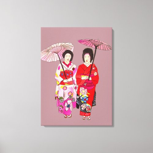 Japanese Geisha ladies pink kimono original art Canvas Print