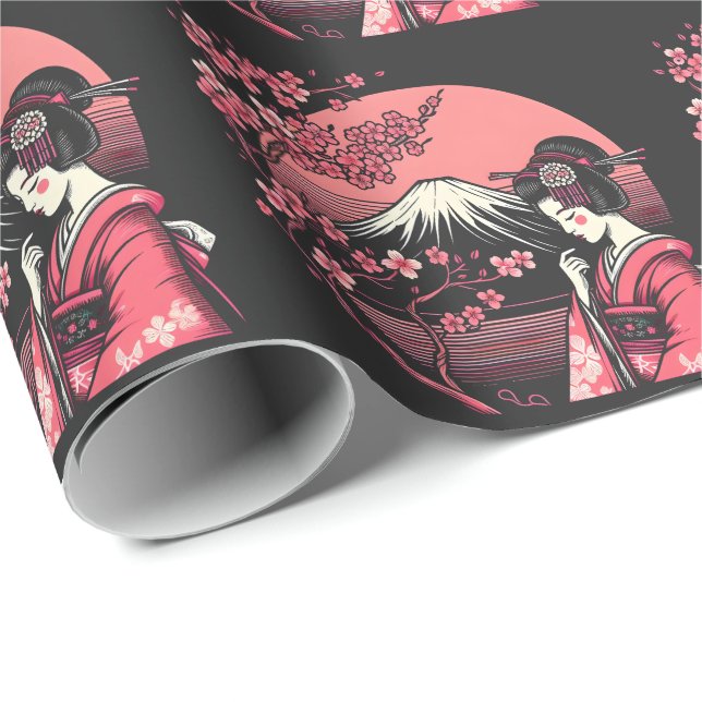 Japanese Geisha Mount Fuji Cherry Blossom Trees Wrapping Paper (Roll Corner)
