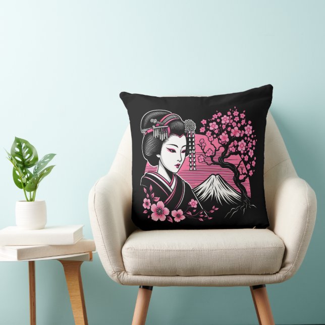 Japanese Geisha Mount Fuji Japanese Cherry Blossom Throw Pillow (Chair)