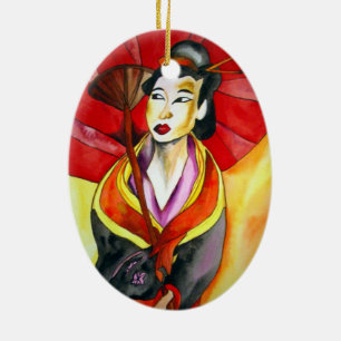 Japanese Geisha original art watercolor painting Ceramic Ornament