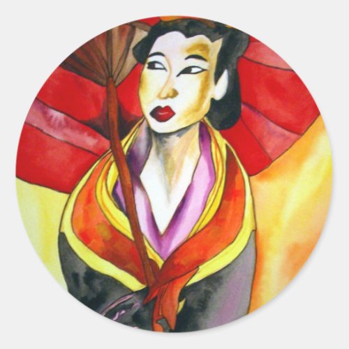 Japanese Geisha original art watercolor painting Classic Round Sticker