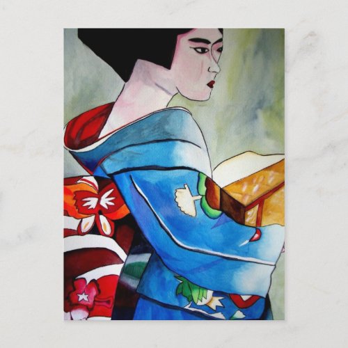 Japanese Geisha original watercolor art painting Postcard