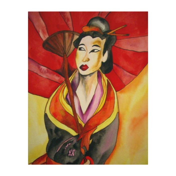 Japanese Geisha painting with kimono and umbrella Wood Wall Decor | Zazzle