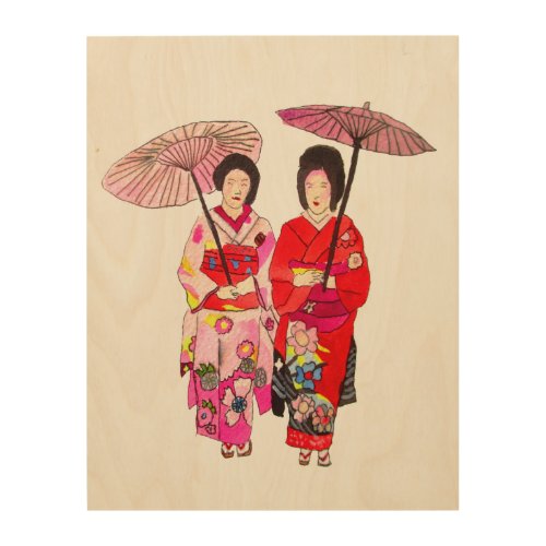 Japanese Geisha painting with pink  kimono Wood Wall Art