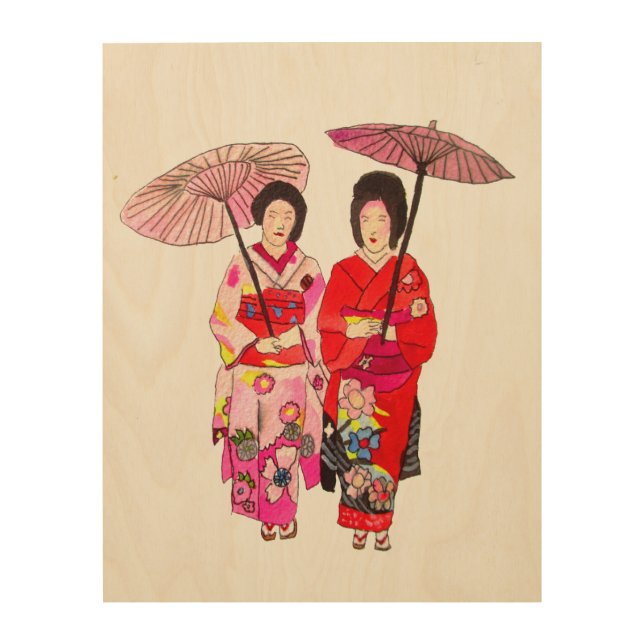 Japanese Geisha painting with pink  kimono Wood Wall Art (Front)