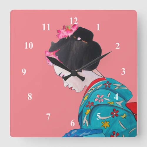 Japanese Geisha pink blossom cute art Square Wall Clock