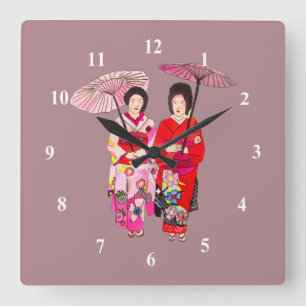 Japanese Geisha pink kimono cute art Square Wall Clock