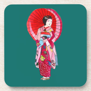 Japanese Geisha red kimono cute art Beverage Coaster