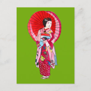 Japanese Geisha red kimono cute art Postcard
