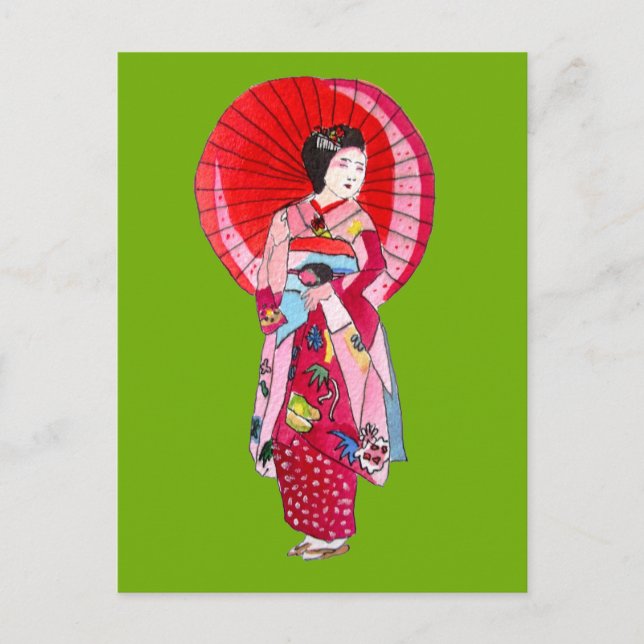 Japanese Geisha red kimono cute art Postcard (Front)