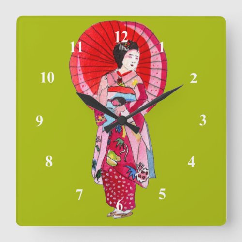 Japanese Geisha red kimono cute art Square Wall Clock