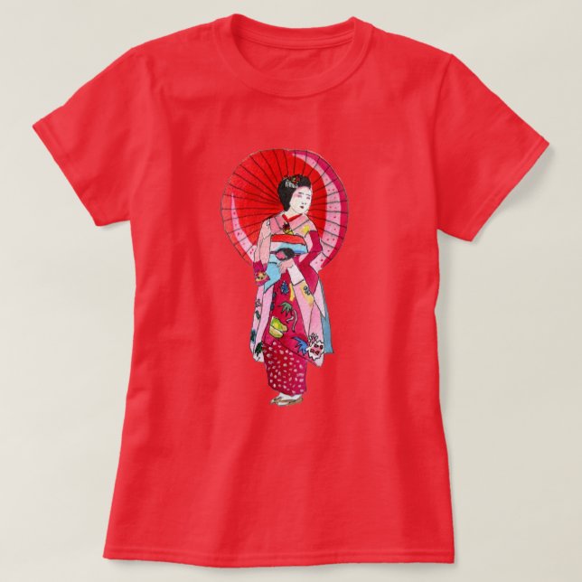 Japanese Geisha red kimono cute art T-Shirt (Design Front)