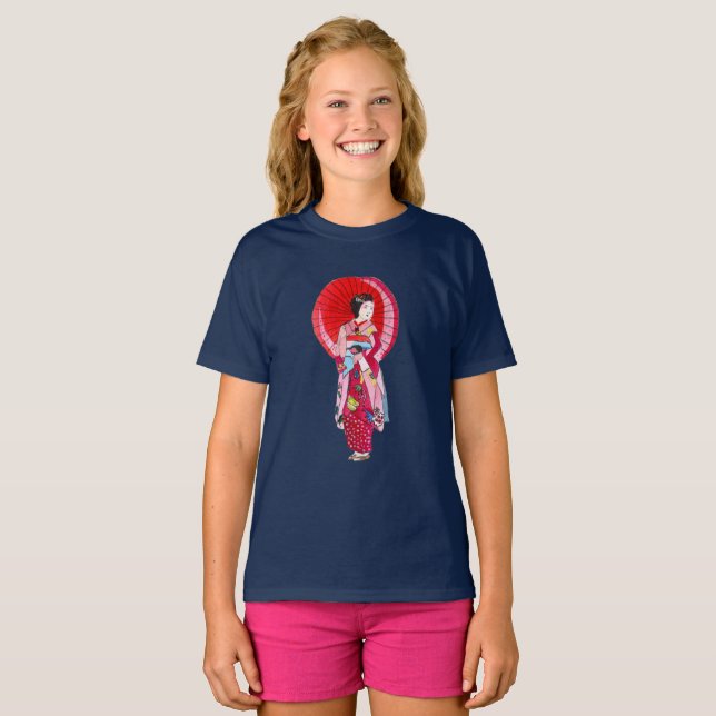 Japanese Geisha red kimono cute art T-Shirt (Front Full)