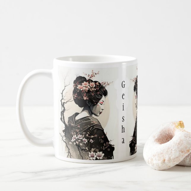 Japanese Geisha Sakura Floral Custom Name -  Coffee Mug (With Donut)