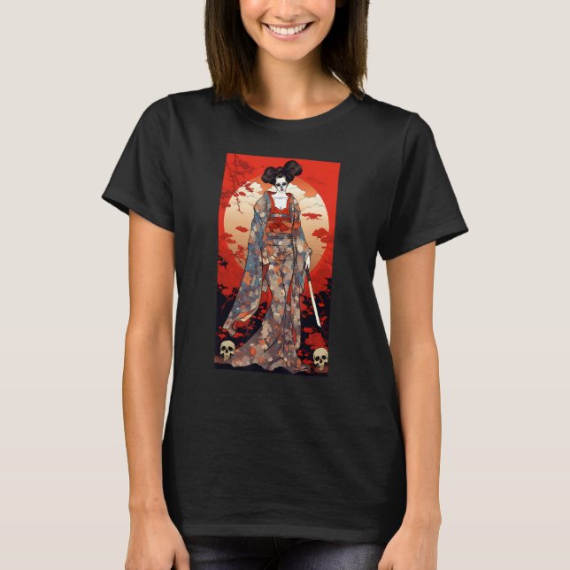 Japanese Geisha Skeleton  Geisha Skull Katana T-Shirt (Front)