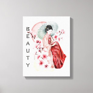 Japanese Geisha Watercolor with Kimono and Sakura Canvas Print