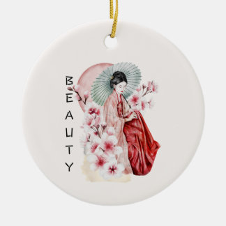 Japanese Geisha Watercolor with Kimono and Sakura Ceramic Ornament