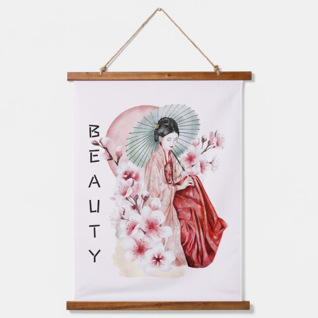 Japanese Geisha Watercolor with Kimono and Sakura Hanging Tapestry (Front)