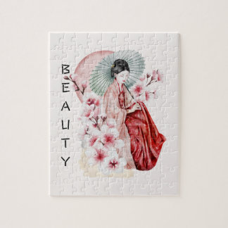 Japanese Geisha Watercolor with Kimono and Sakura Jigsaw Puzzle