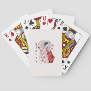 Japanese Geisha Watercolor with Kimono and Sakura Poker Cards