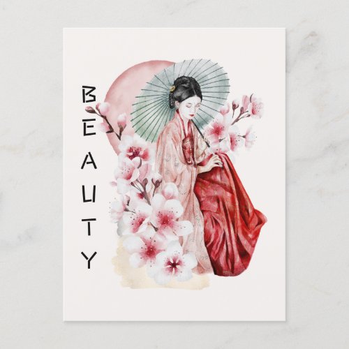 Japanese Geisha Watercolor with Kimono and Sakura Postcard