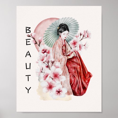 Japanese Geisha Watercolor with Kimono and Sakura Poster