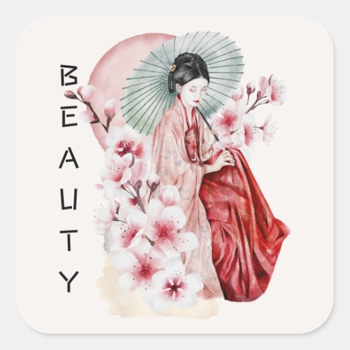 Japanese Geisha Watercolor with Kimono and Sakura Square Sticker