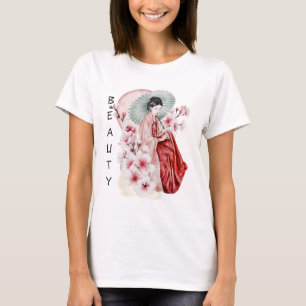 Japanese Geisha Watercolor with Kimono and Sakura T-Shirt