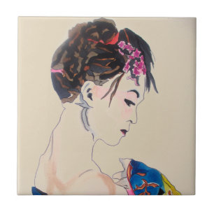 Japanese Geisha with blue kimono Ceramic Tile