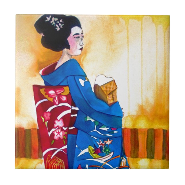 Japanese Geisha with blue kimono Ceramic Tile (Front)