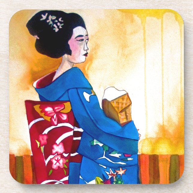 Japanese Geisha with blue kimono Coaster (Front)