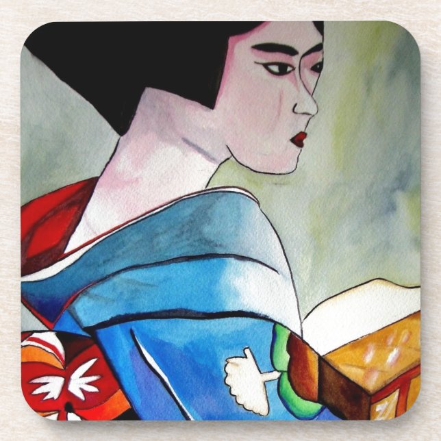 Japanese Geisha with Blue Kimono original art Beverage Coaster (Front)