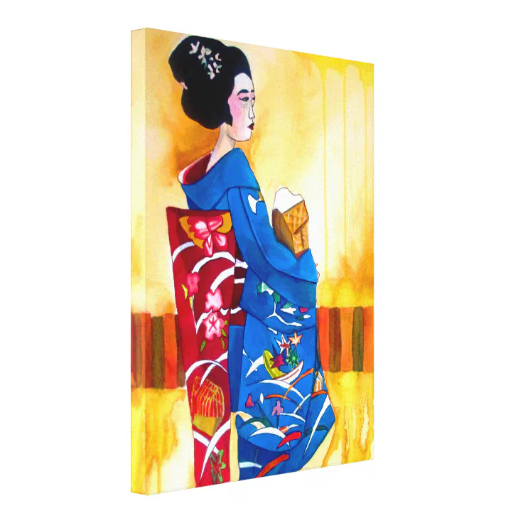 Japanese Geisha with blue kimono original art Canvas Print | Zazzle
