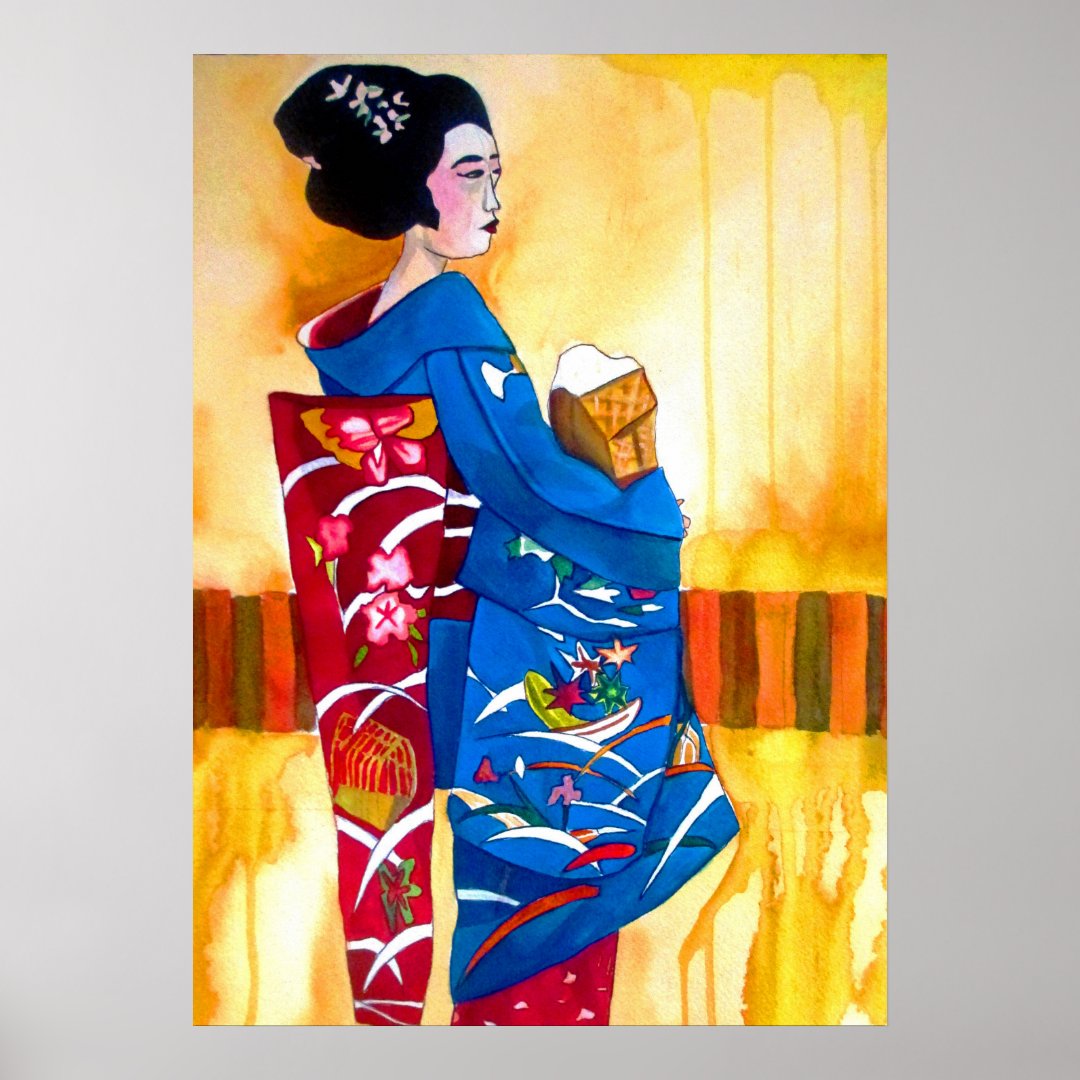 Japanese Geisha with blue kimono original art Poster | Zazzle