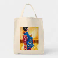 Wood Handle Kimono Tote Bag Rainbow Flower Orange