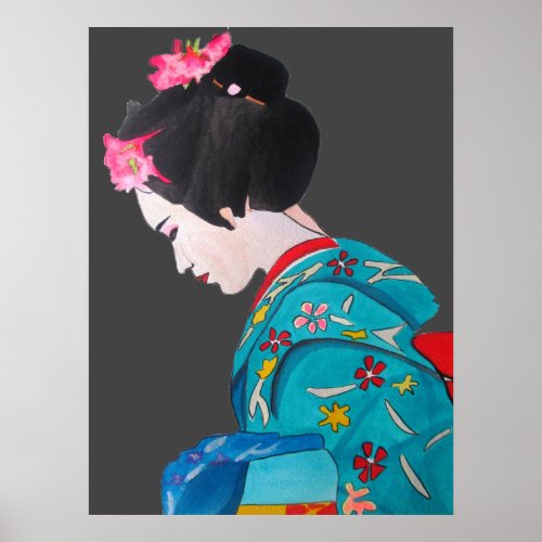 Japanese Geisha with Cherry Blossoms fine art Poster