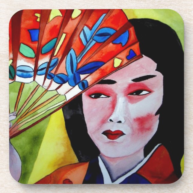 japanese Geisha with fan original art painting Drink Coaster (Front)