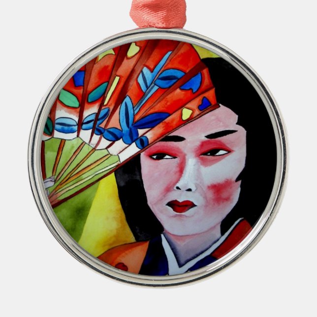 japanese Geisha with fan original art painting Metal Ornament (Front)