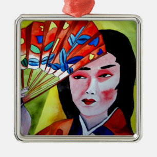 japanese Geisha with fan original art painting Metal Ornament