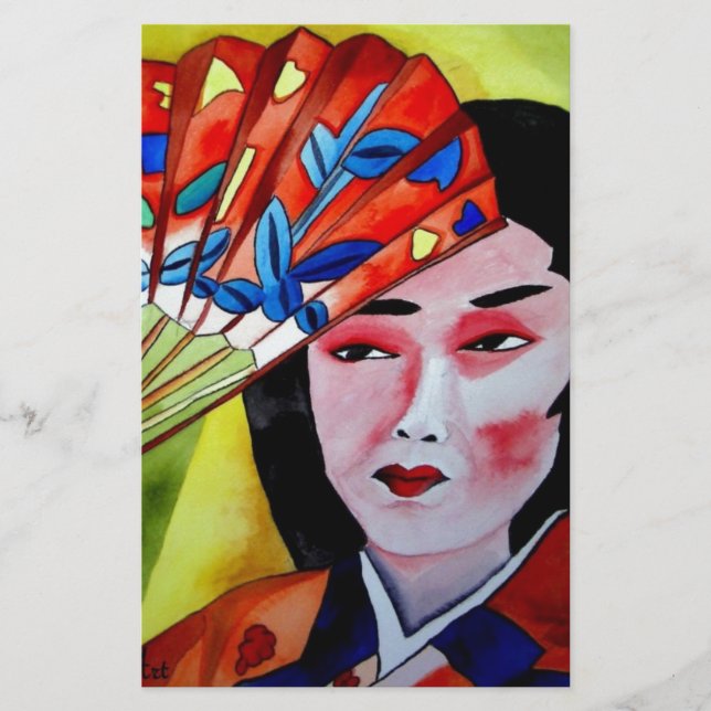 japanese Geisha with fan original art painting Stationery (Front)
