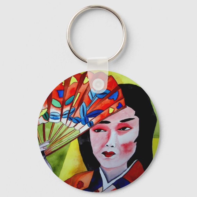 Japanese Geisha with fan original watercolor art Keychain (Front)
