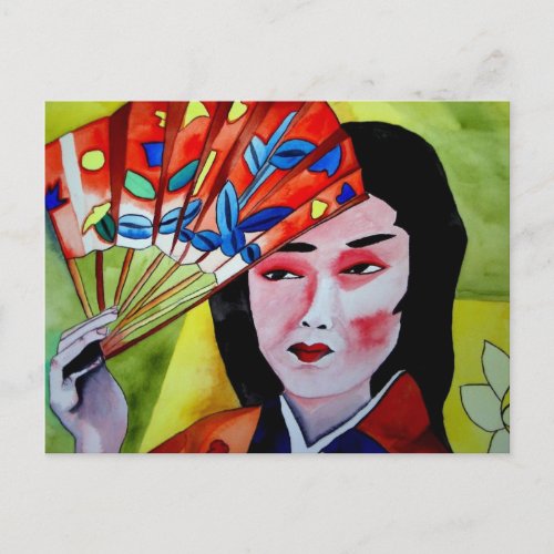 Japanese Geisha with fan original watercolor art Postcard