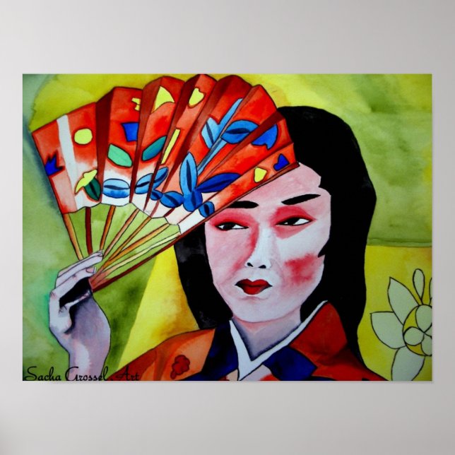Japanese Geisha with fan original watercolor art Poster (Front)