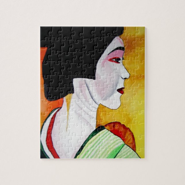Japanese Geisha with green kimono original art Jigsaw Puzzle (Vertical)
