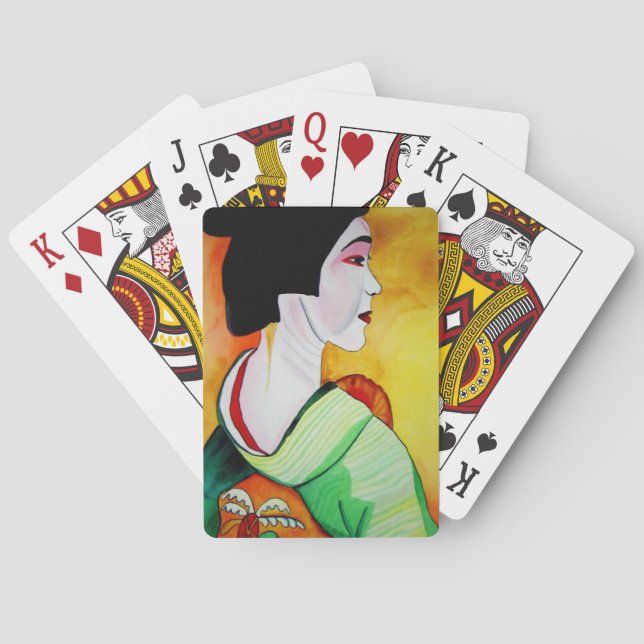 Japanese Geisha with green kimono original art Poker Cards (Back)
