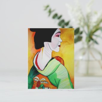 Japanese Geisha with green kimono original art Postcard | Zazzle