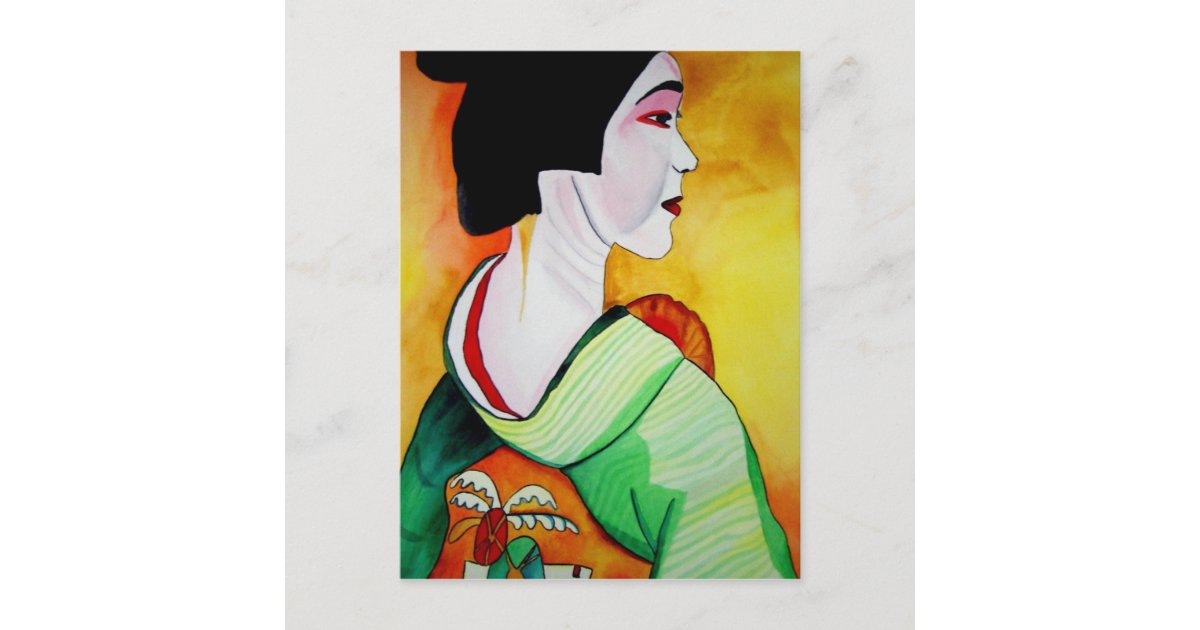 Japanese Geisha with green kimono original art Postcard | Zazzle