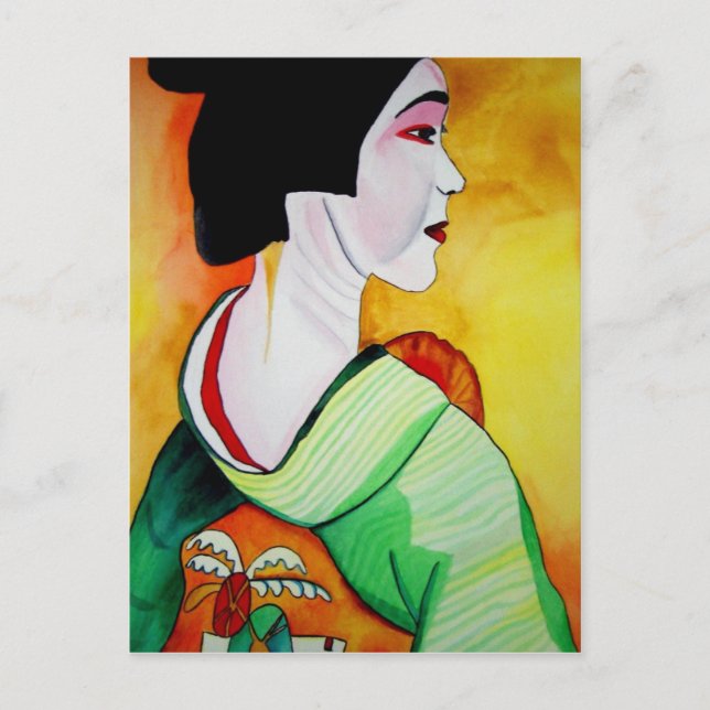 Japanese Geisha with green kimono original art Postcard (Front)
