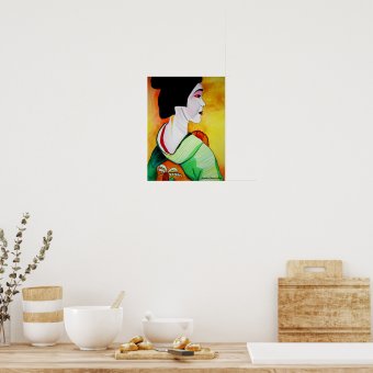 Japanese Geisha with green kimono original art Poster | Zazzle