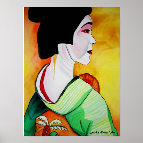 Japanese Geisha with green kimono original art Poster